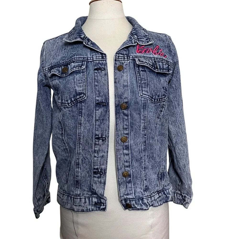 Barbie Girls Denim Trucker Jacket Size XL Acid Wash Pink‎ Embroidered Logo Retro